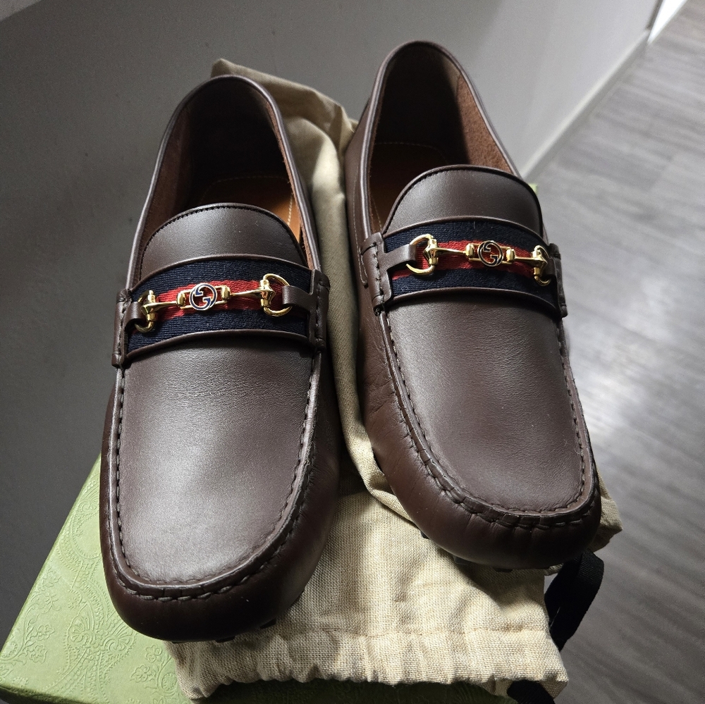 Gucci Brown Leather Driving Loafers with Gold / Red / Blue Accents